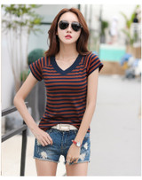 Striped Tshirt V-Neck T Shirt Women Printed T-Shirt Tee Shirt Femme Summer Tops