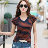Striped Tshirt V-Neck T Shirt Women Printed T-Shirt Tee Shirt Femme Summer Tops