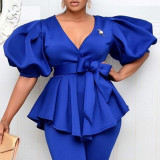 Women Blouses V Neck Short Lantern Sleeve