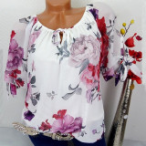 S-5xl Plus Size Tops Office Women Short Sleeve Blouse Vintage Floral Print Blouses