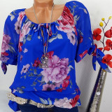 S-5xl Plus Size Tops Office Women Short Sleeve Blouse Vintage Floral Print Blouses