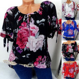 S-5xl Plus Size Tops Office Women Short Sleeve Blouse Vintage Floral Print Blouses