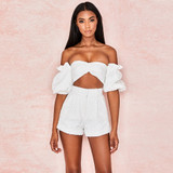 New Fashion 2 Piece Set Women Puff Sleeve Short Crop Top High Waist Wide Shorts
