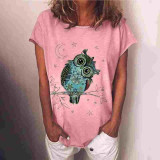 Graphic Tee Shirts Women O Neck Summer Owl Print Tops Short Sleeve T Shirt