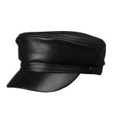 Women Military Hat Sheepskin Black Genuine Leather Baker Boy Hat Army Cap
