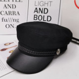 British Style PU Leather Military Hat Autumn Winter Wool Sailor Hat