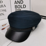 British Style PU Leather Military Hat Autumn Winter Wool Sailor Hat