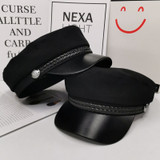 British Style PU Leather Military Hat Autumn Winter Wool Sailor Hat
