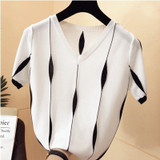 Summer V-Neck T Shirt Women Knitted T-Shirt Short Sleeve Tee Shirt Femme