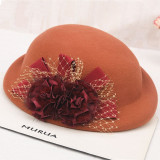 Lady Fedoras Wool Hat Female Flowers Dome Cap Winter Woolen Hats