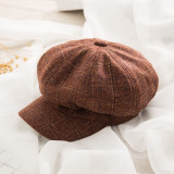 New Plaid Octagonal Hat Women Autumn Winter Vintage Beret Hat