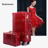 Retro Crocodile PU Leather Rolling Luggage Sets Spinner Women Password Suitcase