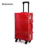 Retro Crocodile PU Leather Rolling Luggage Sets Spinner Women Password Suitcase