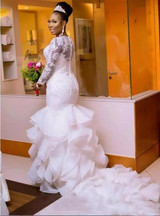 Vintage African Mermaid Wedding Dresses With Organza Ruffles Sheer Long Sleeves Appliques Nigerian Plus Size Bridal Gowns 2020