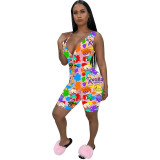 Cartoon Character Print Rompers Womens Jumpsuit Summer Clothes Zipper Up
