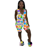 Cartoon Character Print Rompers Womens Jumpsuit Summer Clothes Zipper Up