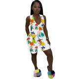 Cartoon Character Print Rompers Womens Jumpsuit Summer Clothes Zipper Up