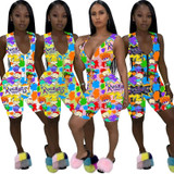 Cartoon Character Print Rompers Womens Jumpsuit Summer Clothes Zipper Up