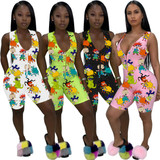 Cartoon Character Print Rompers Womens Jumpsuit Summer Clothes Zipper Up