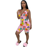 Cartoon Character Print Rompers Womens Jumpsuit Summer Clothes Zipper Up