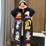 Winter Character Print Parka Women Thick Hooded Parka Jacket Loose Zipper Cotton