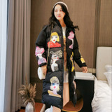 Winter Character Print Parka Women Thick Hooded Parka Jacket Loose Zipper Cotton