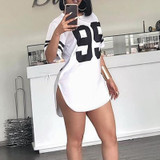 New Number Print Short Sleeve Dresses for Women Summer Casual Solid O-neck Dresses