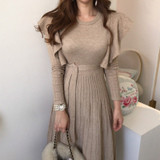 Fashion New Sweater Dress Women Ruffles Slim Waist Long Sleeve A Line Pleated Dresses