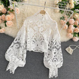 Sexy Lace Hollow Out Short Blouse Casual Lantern Long Sleeve Stand Collar Shirts