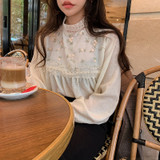 New Elegant Lace Stand Collar Blouse Shirt Sexy Hollow Out Floral Embroidery Feminine Blouses