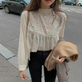 New Elegant Lace Stand Collar Blouse Shirt Sexy Hollow Out Floral Embroidery Feminine Blouses