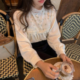 New Elegant Lace Stand Collar Blouse Shirt Sexy Hollow Out Floral Embroidery Feminine Blouses