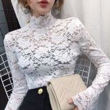 Women Lace Blouses Shirts Sexy Hollow Out Long Sleeve Solid Blouse Lady