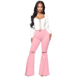Fashion Denim Flare Pants Women Retro Ripped Jeans Wide Leg Trousers Lady
