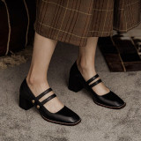 Autumn New Black PU Leather Mary Jane Pumps Women Buckle Square Toe Shoes