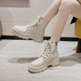 Women Ankle Boots Winter Round Toe 5.5cm Heel Zip And Lace Up Round Toe Platform