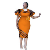 Customized African Print Clothing Ruffle Sleeve Knee Dress Summer Women Party Dresses Plus Size African