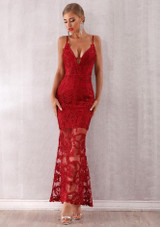 Women Bandage Dress Arrivals Red Lace Spaghetti Strap V Neck Maxi Club Dress
