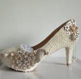 Crystal wedding shoes pearl handmade bridal shoes women's Pumps peacock rhinestone female high heels