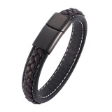 Trendy Mens Bracelets Jewelry Black Red Braided Leather Bracelet Stainlees