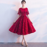 Dark Red Womens Wedding Party Dress O-Neck Evening Cheongsam Oriental Elegant Lace Qipao Long Gowns Retro Vestido XS-XXXL Dark Red Womens Wedding Party Dress O-Neck Evening Cheongsam Oriental Elegant Lace Qipao Long Gowns Retro Vestido XS-XXXL
