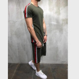 2 piece casual short sleeve o-neck fashion printed cotton t shirt and shorts men