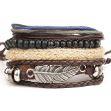 Vintage Leaf Feather Multilayer Leather Bracelet Men Fashion Braided Handmade Star Rope Wrap