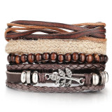 Vintage Leaf Feather Multilayer Leather Bracelet Men Fashion Braided Handmade Star Rope Wrap