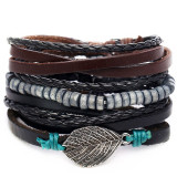 Vintage Leaf Feather Multilayer Leather Bracelet Men Fashion Braided Handmade Star Rope Wrap