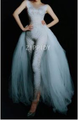 Silver Rhinestones Spandex Jumpsuit White Mesh Tail Birthday Celebrate Bodysuit Outfit Women Singer Dance Leggings Outfit