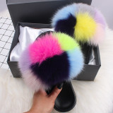 Real Fox Fur Women' Fox Fur Slippers Beautiful Fluffy Slides Home Plush Furry Rainbow Slippers Colorful Shoes Summer Flip Flops