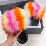 Real Fox Fur Women' Fox Fur Slippers Beautiful Fluffy Slides Home Plush Furry Rainbow Slippers Colorful Shoes Summer Flip Flops
