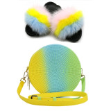 Summer Women Real Fox Fur Slippers Furry Fur Slides Rainbow Jelly Bags Sweet Plush Slippers Ladies Party Shoe Brand slippers