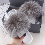 Ethel Anderson Women's Furry Slippers Ladies Vogue Real Fox Fur Hair Fluffy Slides Women's Genuine Fur Sliders